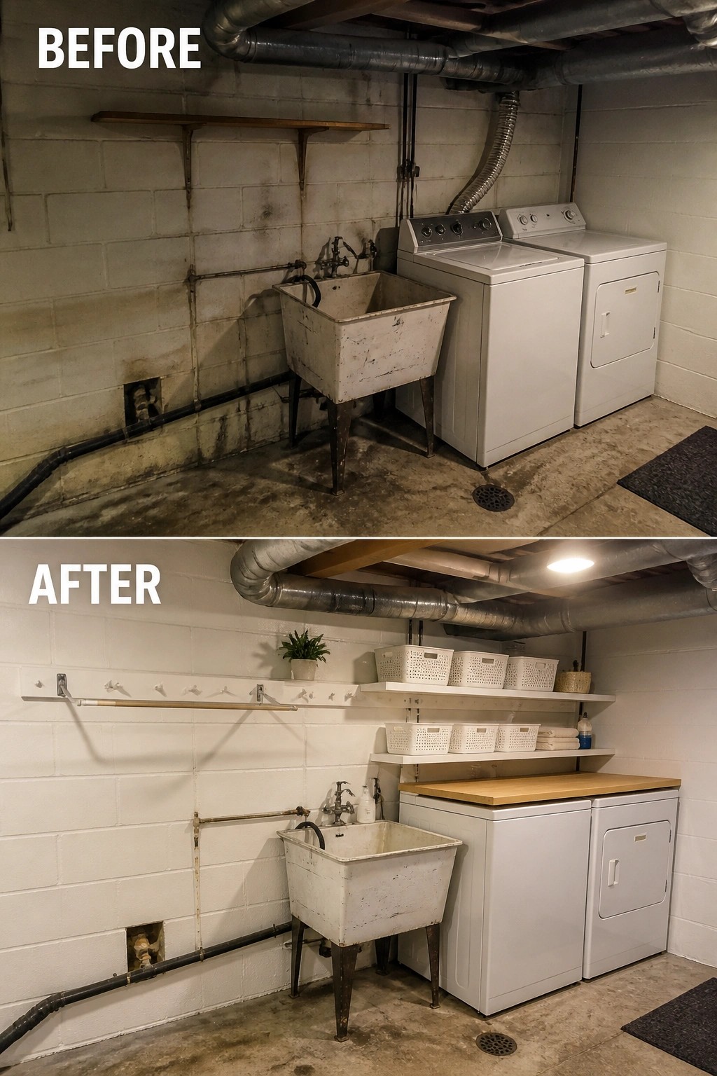 Before-and-after image of a laundry room updated with a peg rail on the wall and open shelves holding baskets above the washer and dryer.