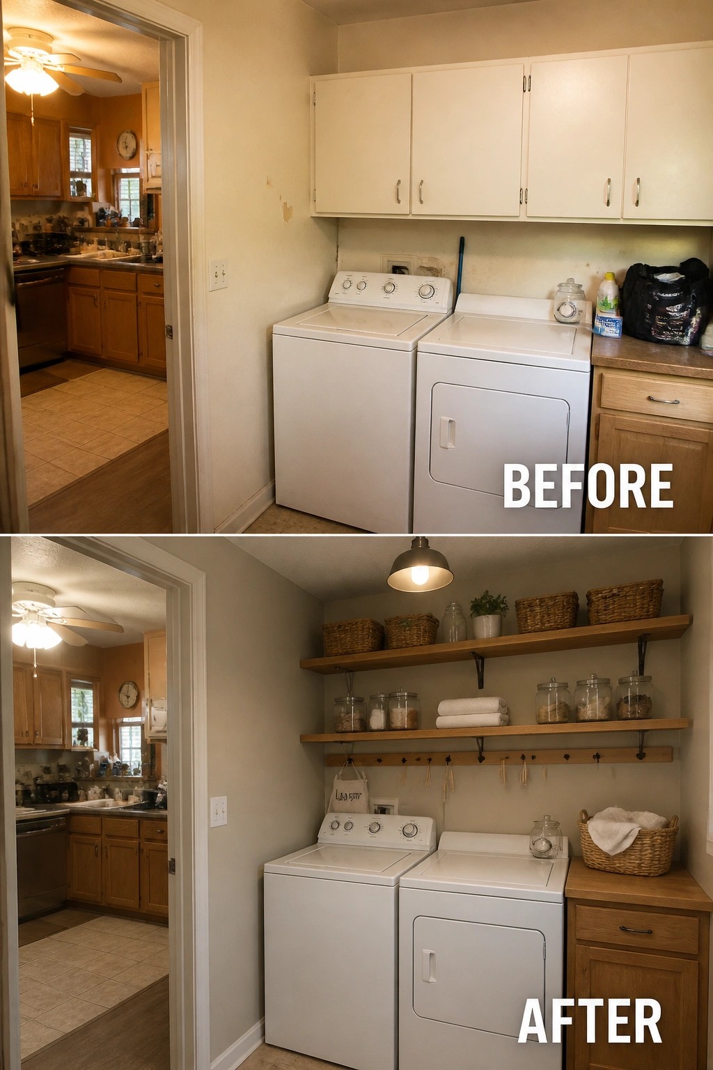 Before-and-after image of a laundry room updated with open wooden shelves, a peg rail, and storage baskets.