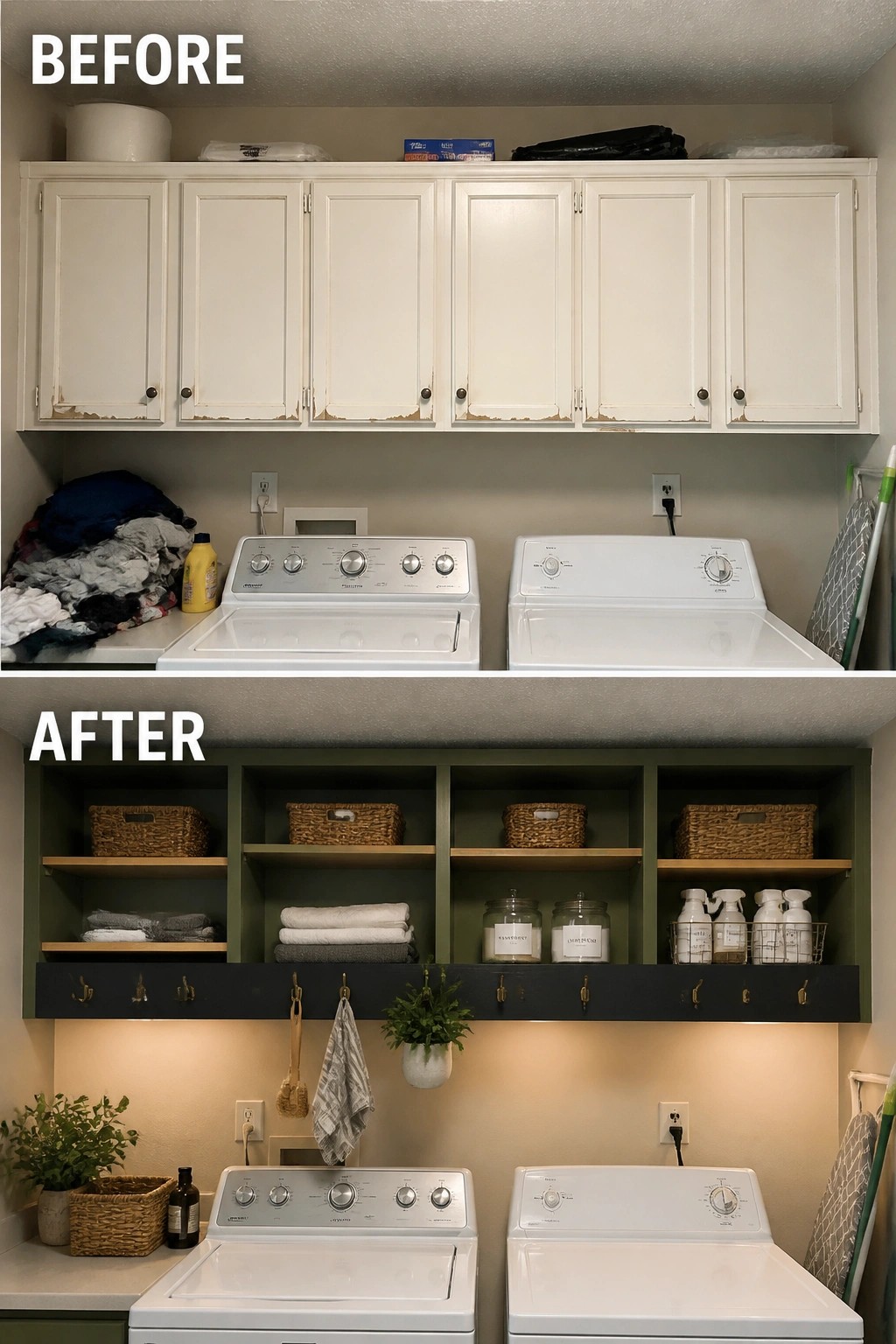 Before and after laundry room with white cabinets repainted green and organized shelves