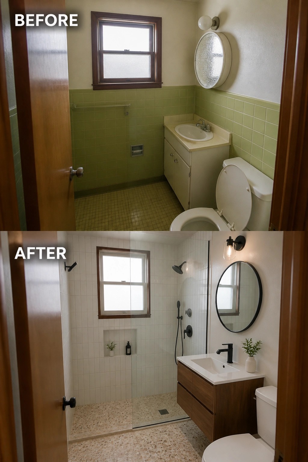 Before-and-after image of a small bathroom with green tiles and basic fixtures updated to a modern white tiled walk-in shower with glass enclosure, wood vanity, and terrazzo floor.