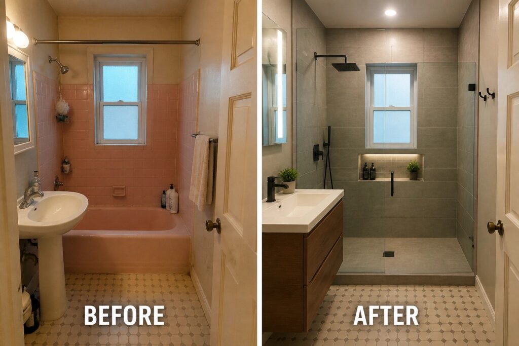 Before pink-tiled bathroom and after modern gray shower renovation side by side.