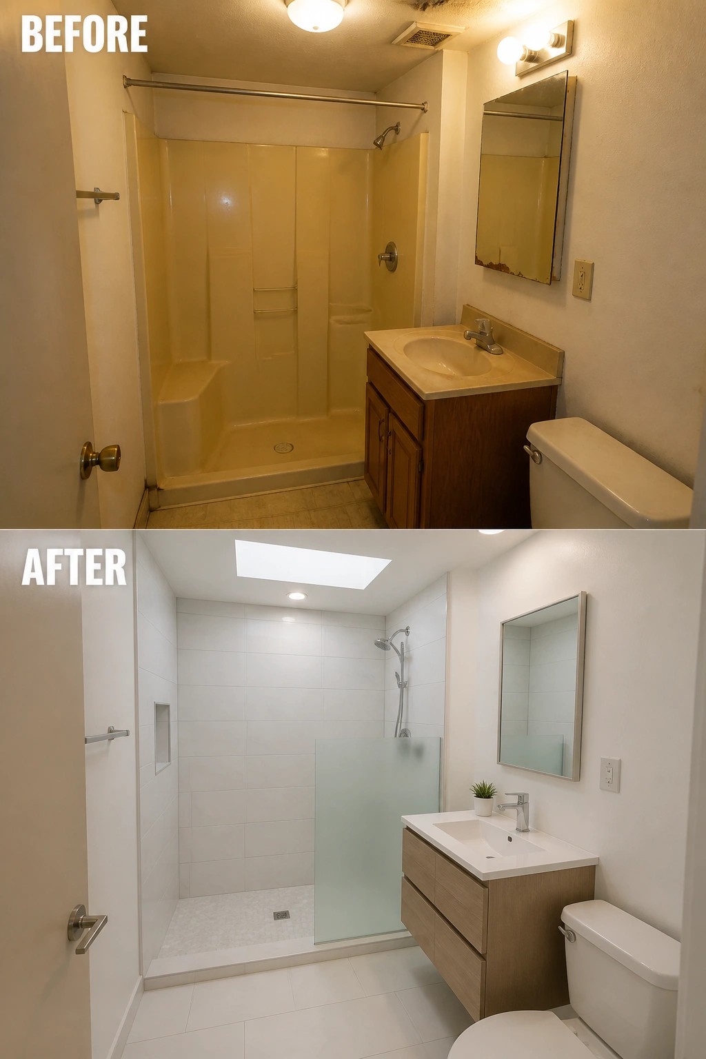 Before and after bathroom renovation from yellow tiles to modern white design