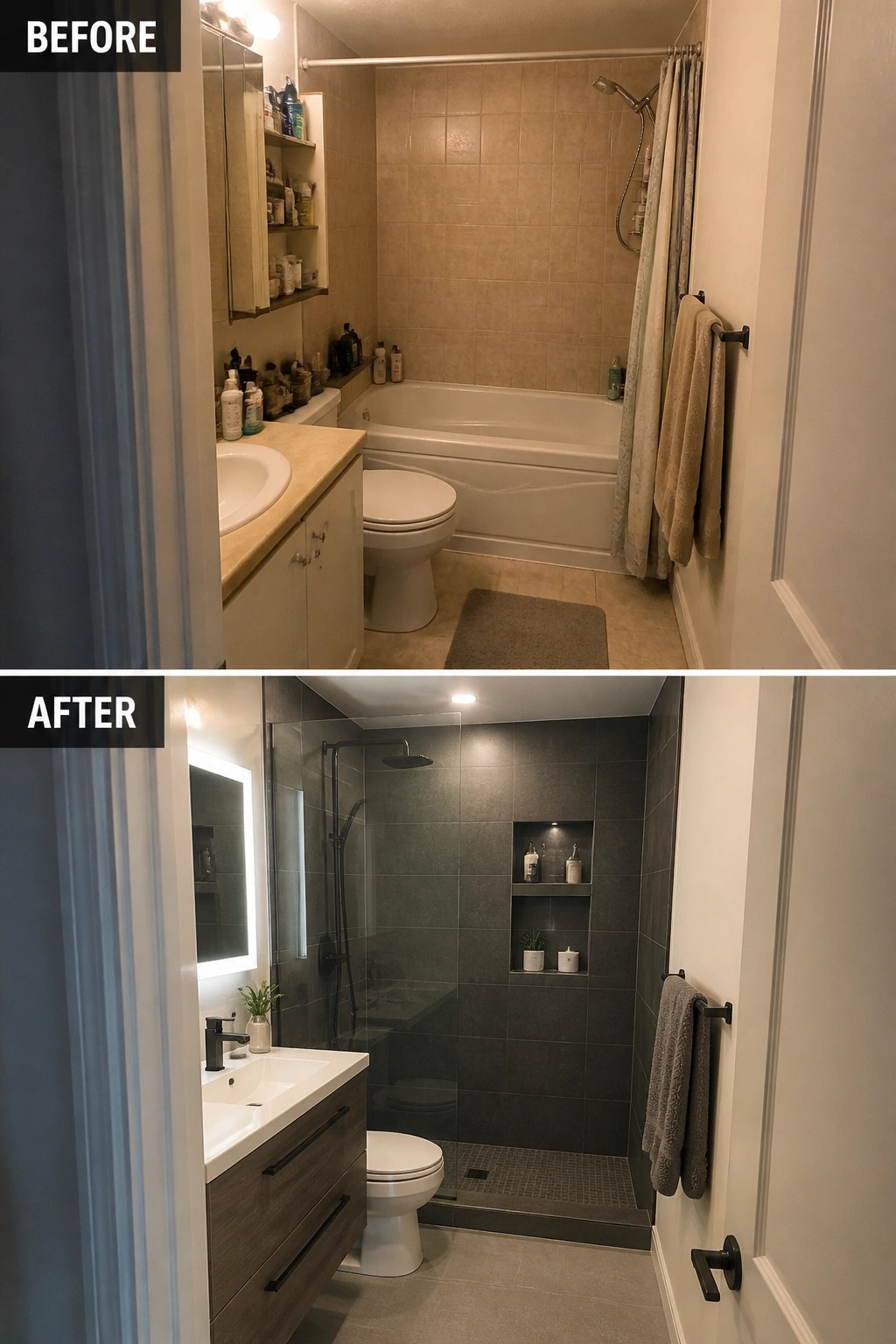 Before and after of beige tiled bathroom renovated into modern dark gray shower design.