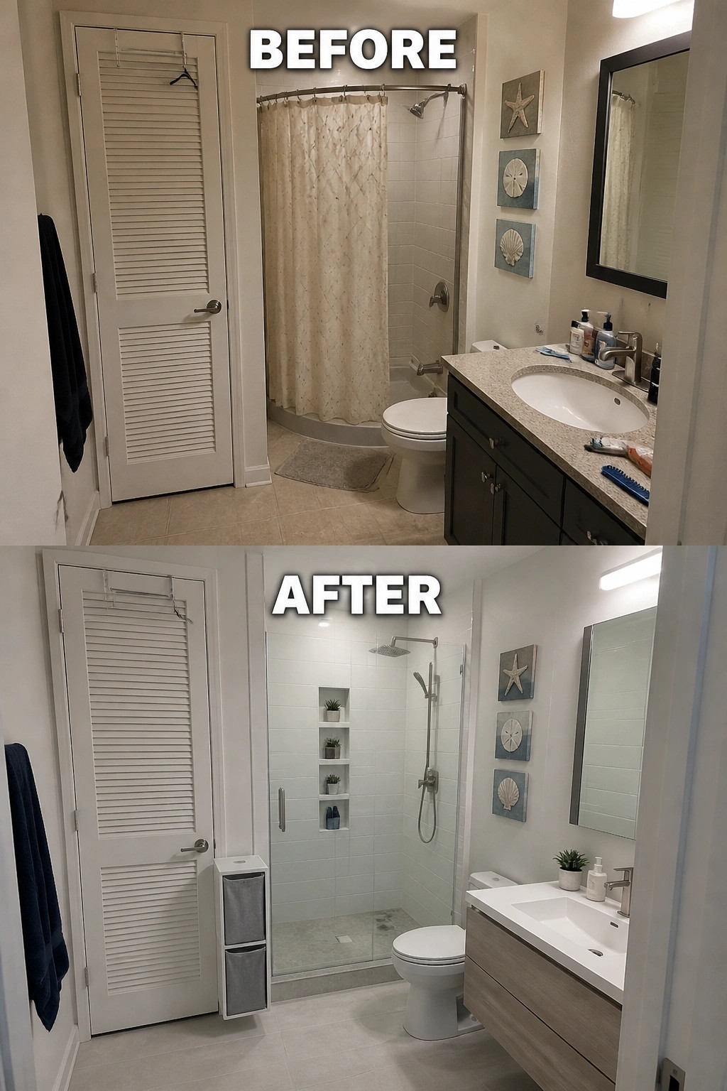 Before and after of a bathroom with glass shower, white toilet and wooden vanity