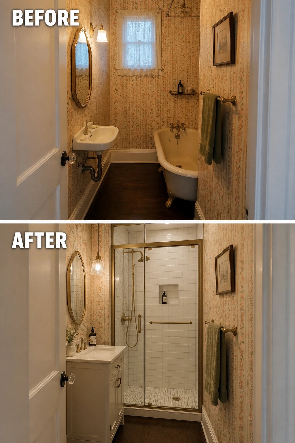 Before and after bathroom remodel with floral wallpaper, clawfoot tub replaced by shower.
