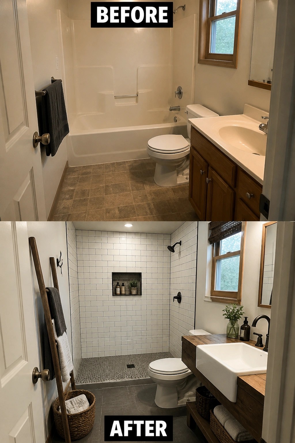 Before-and-after bathroom remodel: old tub-shower above modern white-tiled walk-in shower