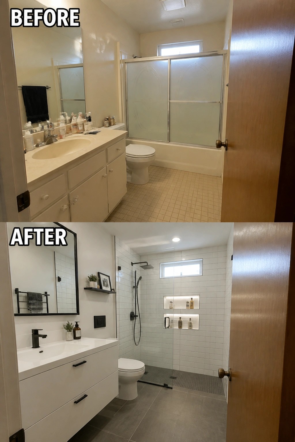 Before-and-after image of a small bathroom with an enclosed tub and shower converted to an open walk-in shower with white tile and gray flooring.