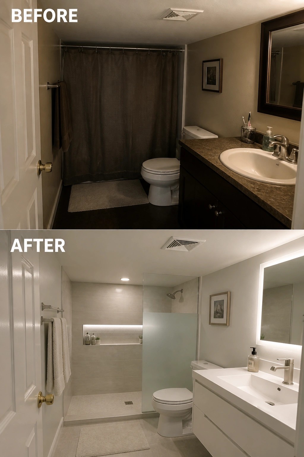Before and after bathroom remodel from dark outdated to bright modern white design