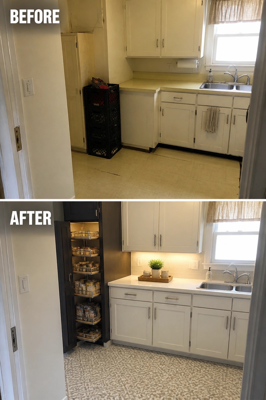 Before and after kitchen remodel with white cabinets, new floor, and pull-out pantry.