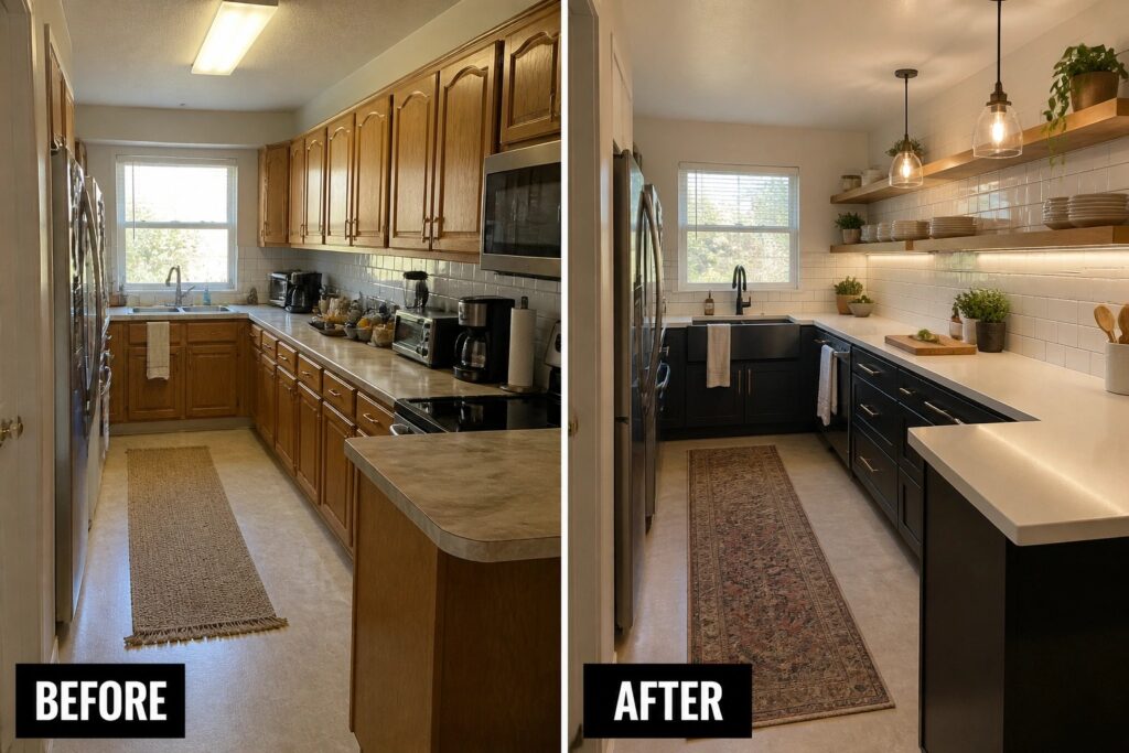 22 Beautiful Small Kitchen Before and After Ideas Featuring Dark Cabinet Makeovers Before and after kitchen remodel showing light wood cabinets replaced by dark modern ones