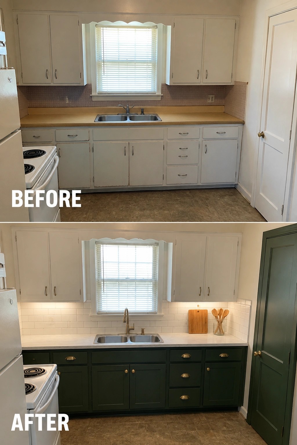 Before-and-after image of a small kitchen with all-white cabinets changed to dark green lower cabinets, white upper cabinets, and a white subway tile backsplash.