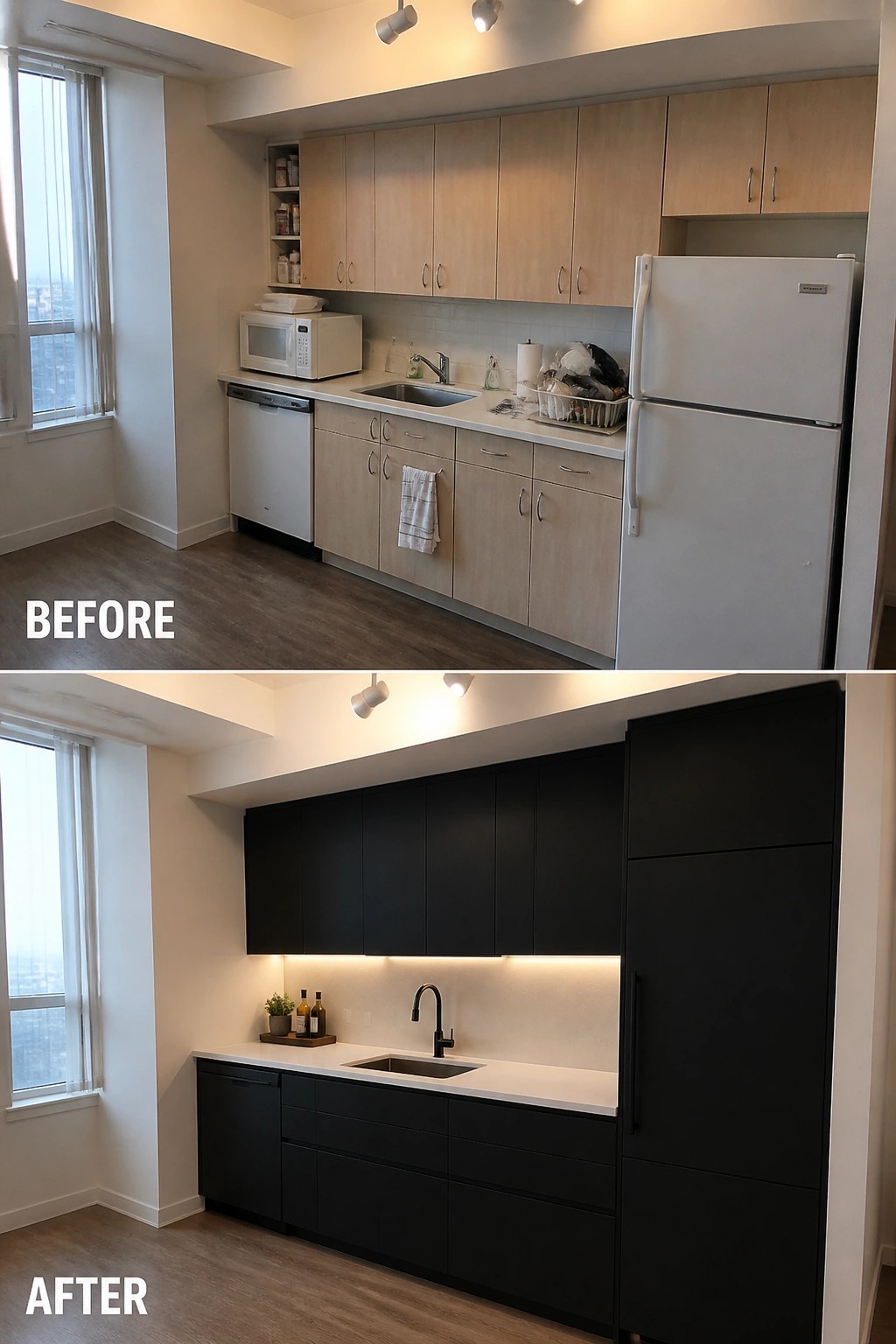 Before-and-after image of a small kitchen changed from light wood cabinets to black cabinets with updated hardware and sink area.