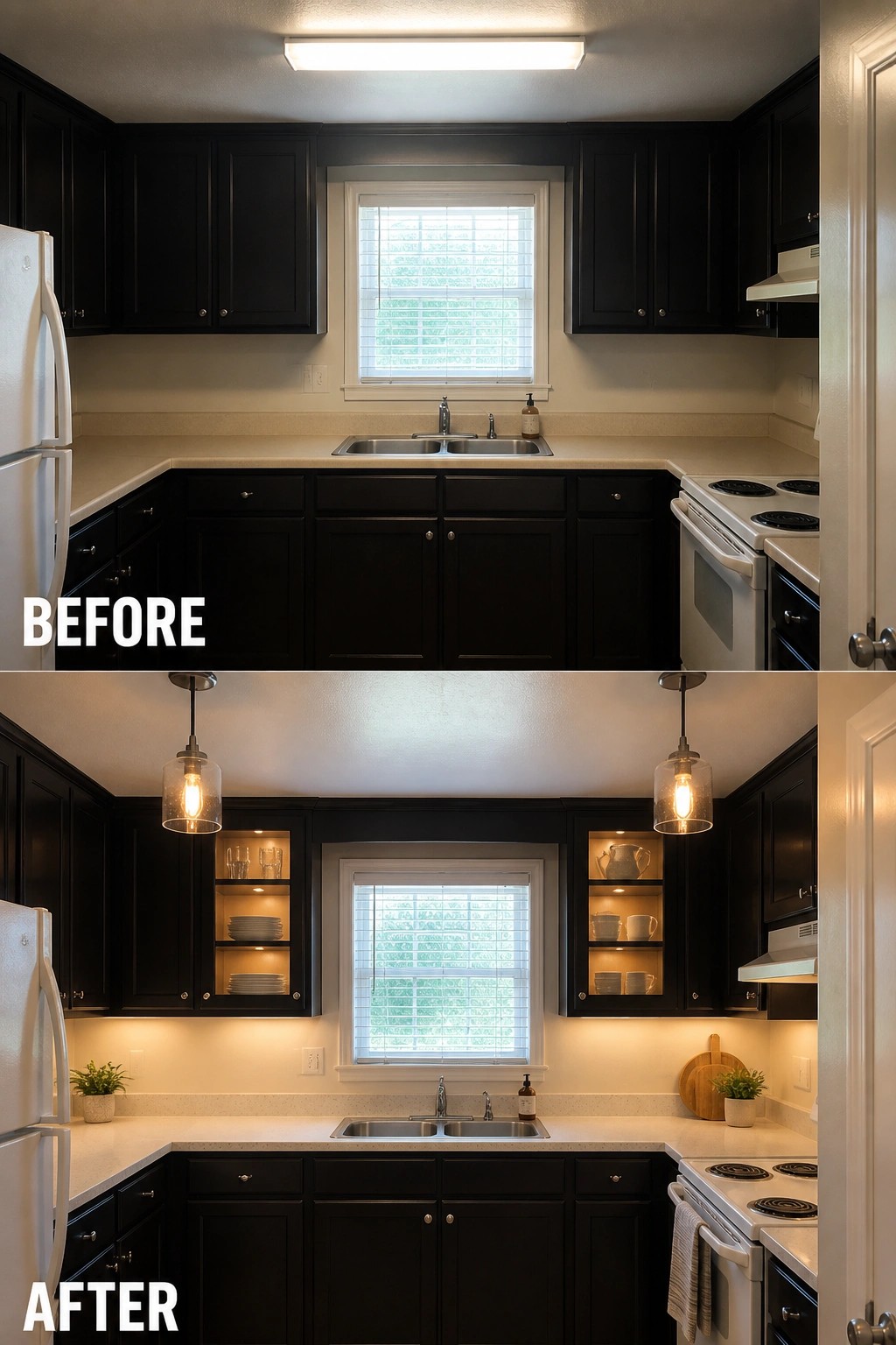 Before and after kitchen remodel with black cabinets, pendant lights, and decor.