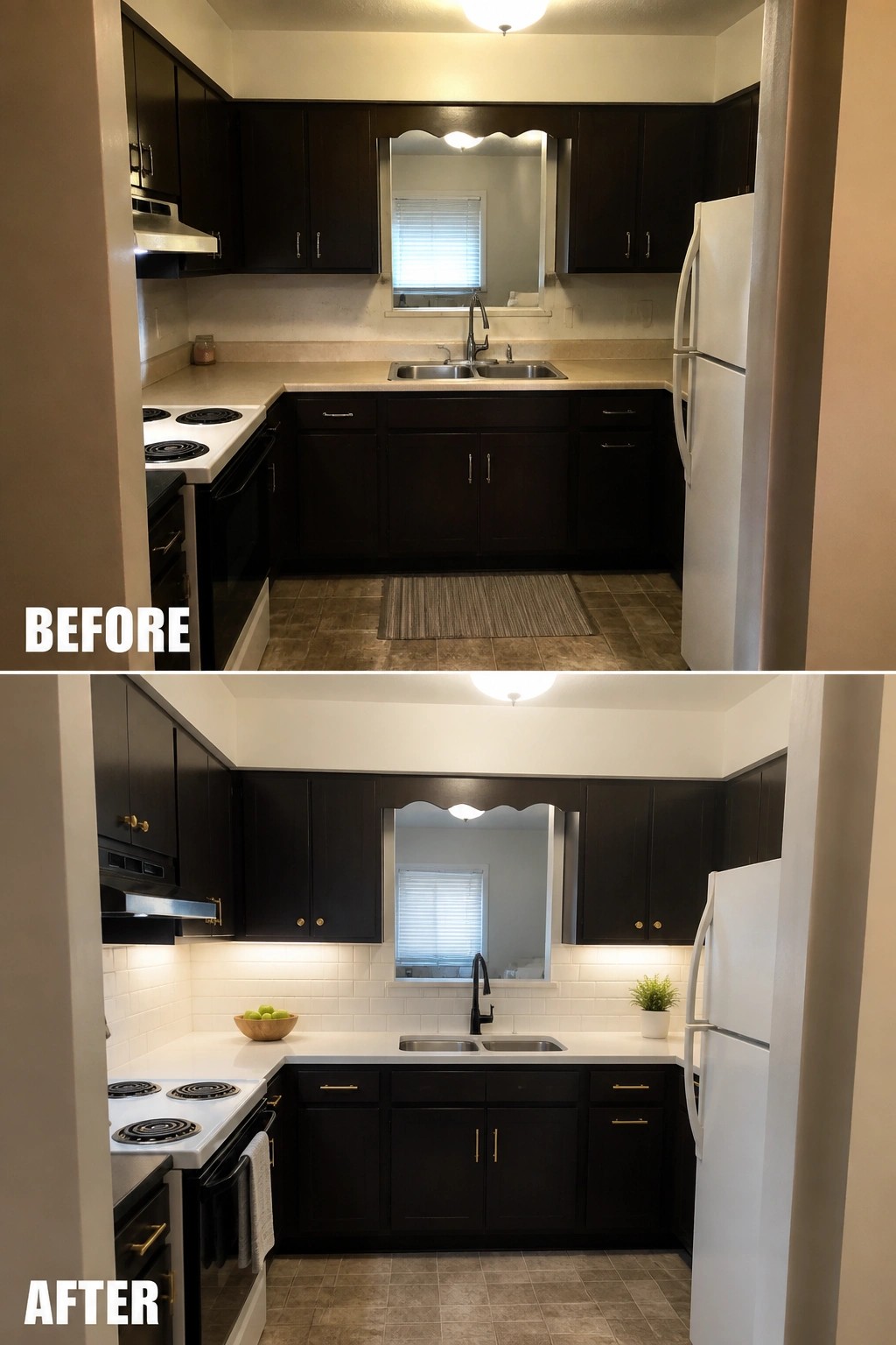 Before-and-after image of a small kitchen showing dark cabinets refreshed with a white subway tile backsplash, gold hardware, and under-cabinet lighting.