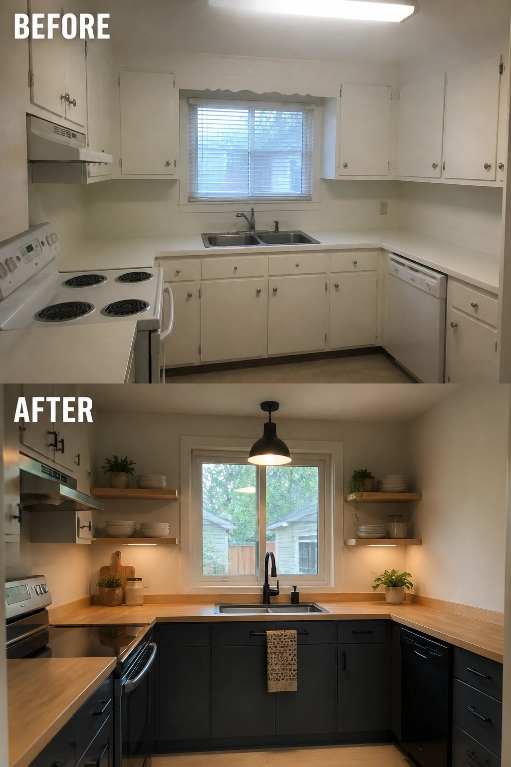 Before and after kitchen remodel: white cabinets to dark gray with wood counters.
