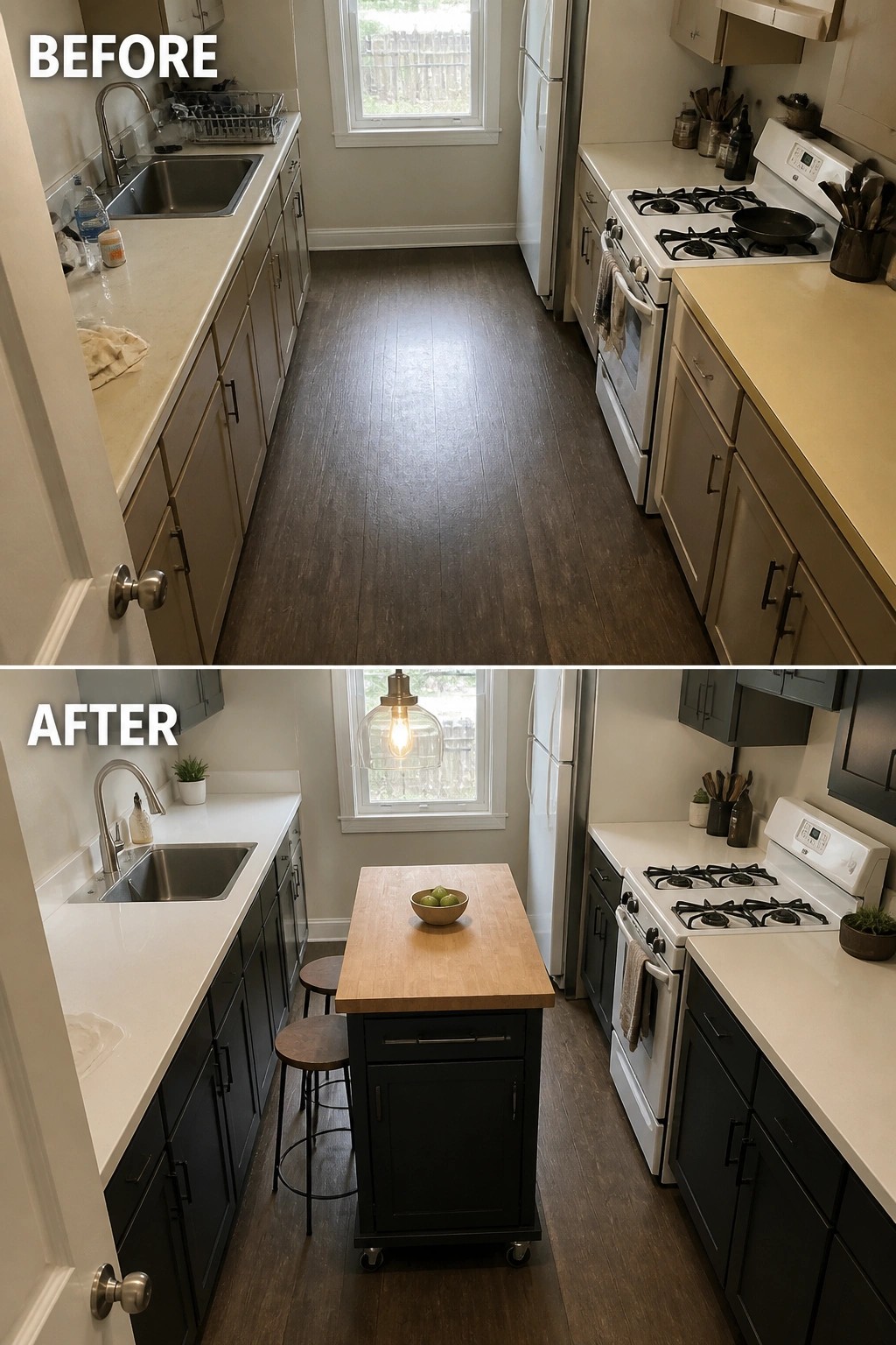 Before-and-after image of a narrow kitchen with light cabinets changed to dark cabinets and a central island added.