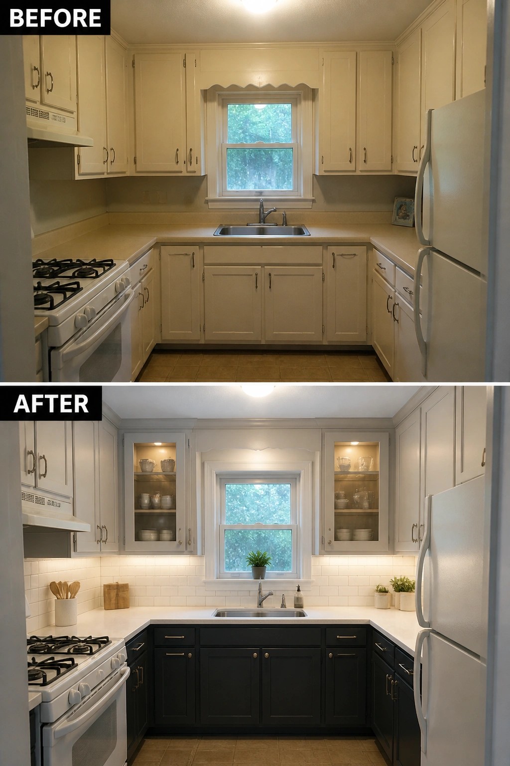 Before and after kitchen with cream cabinets updated to white and dark gray