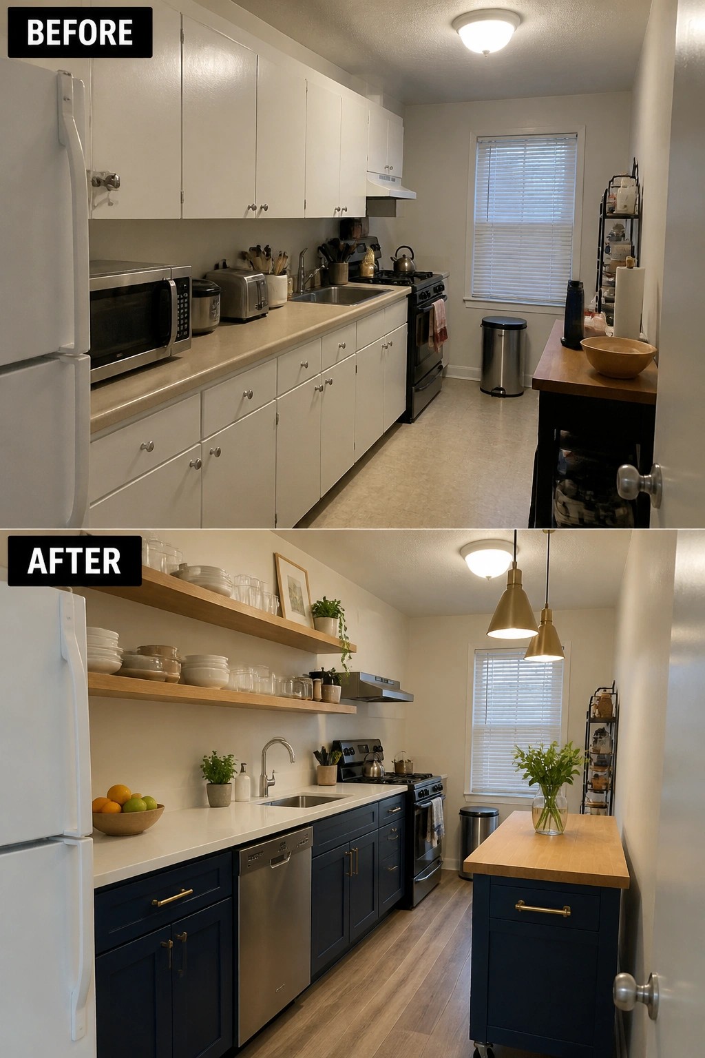 Before-and-after image of an all-white kitchen updated with dark navy lower cabinets, open wooden shelves, and a matching island.