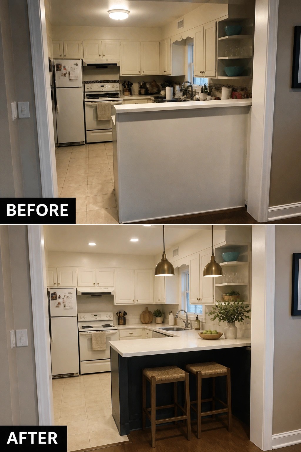 Before and after kitchen remodel with updated dark blue island, stools, and pendant lights.