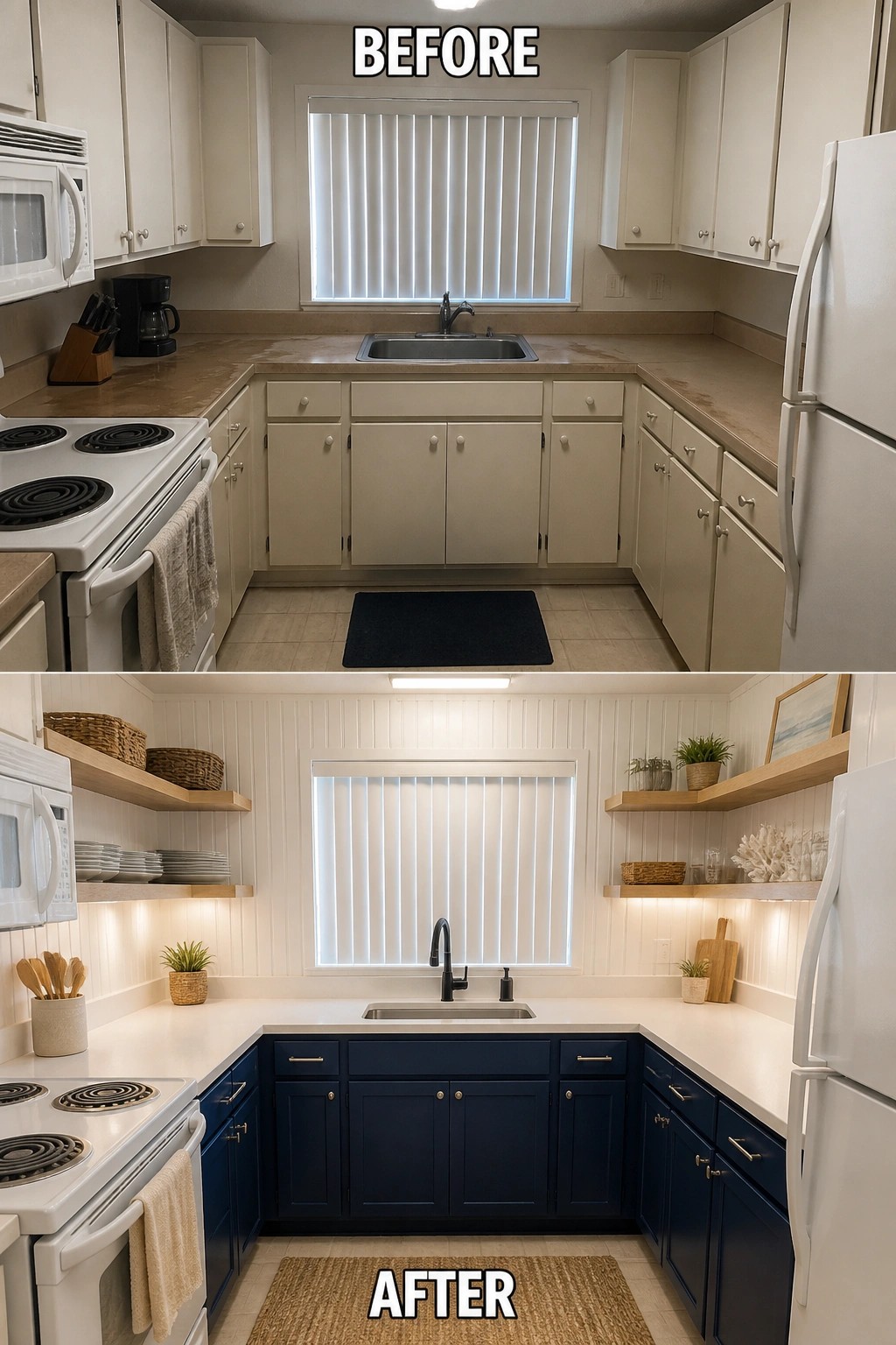Before beige kitchen cabinets and after navy blue cabinets with white counters and shelves