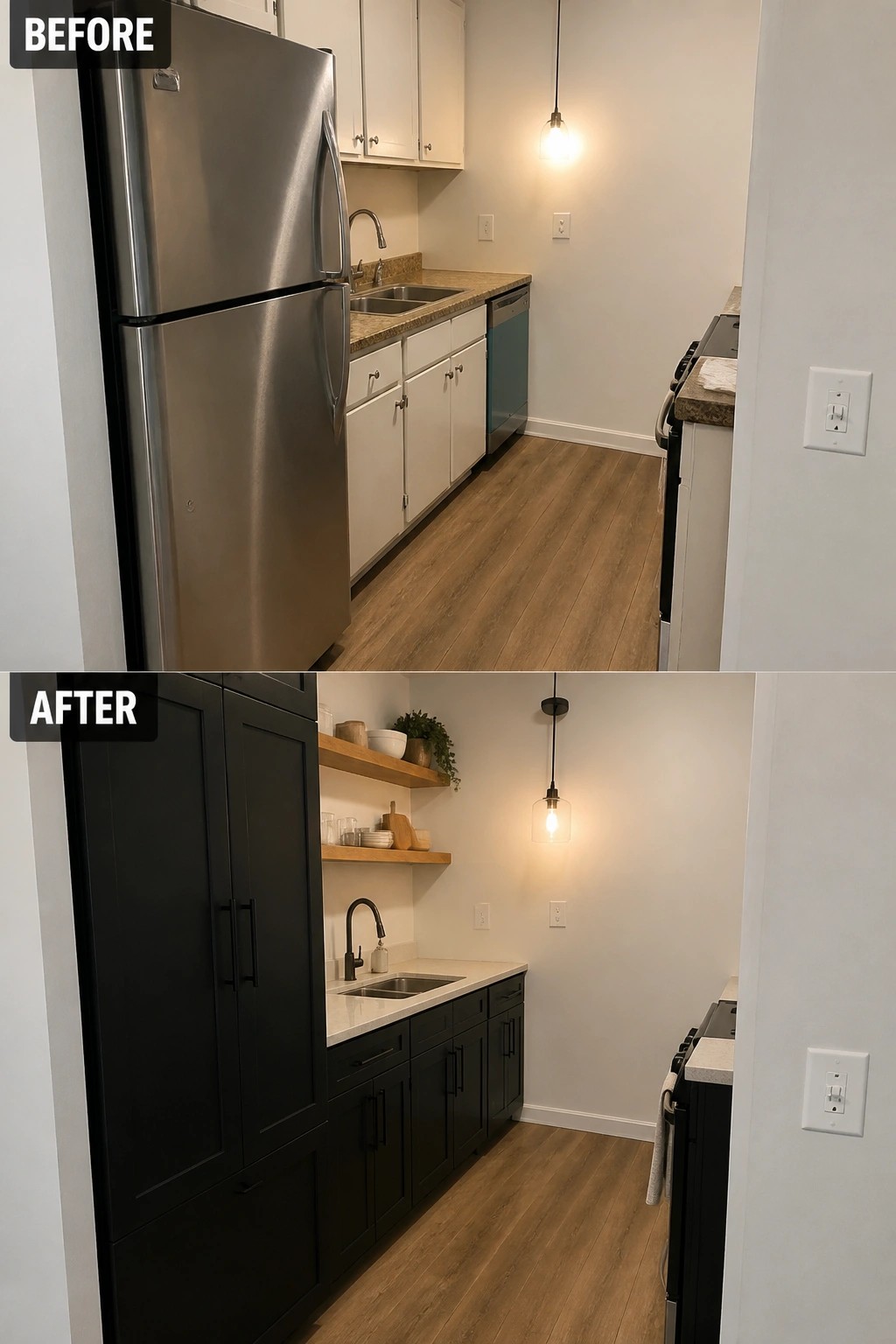 Kitchen before-and-after remodel: white cabinets and counters updated to black with open shelves.