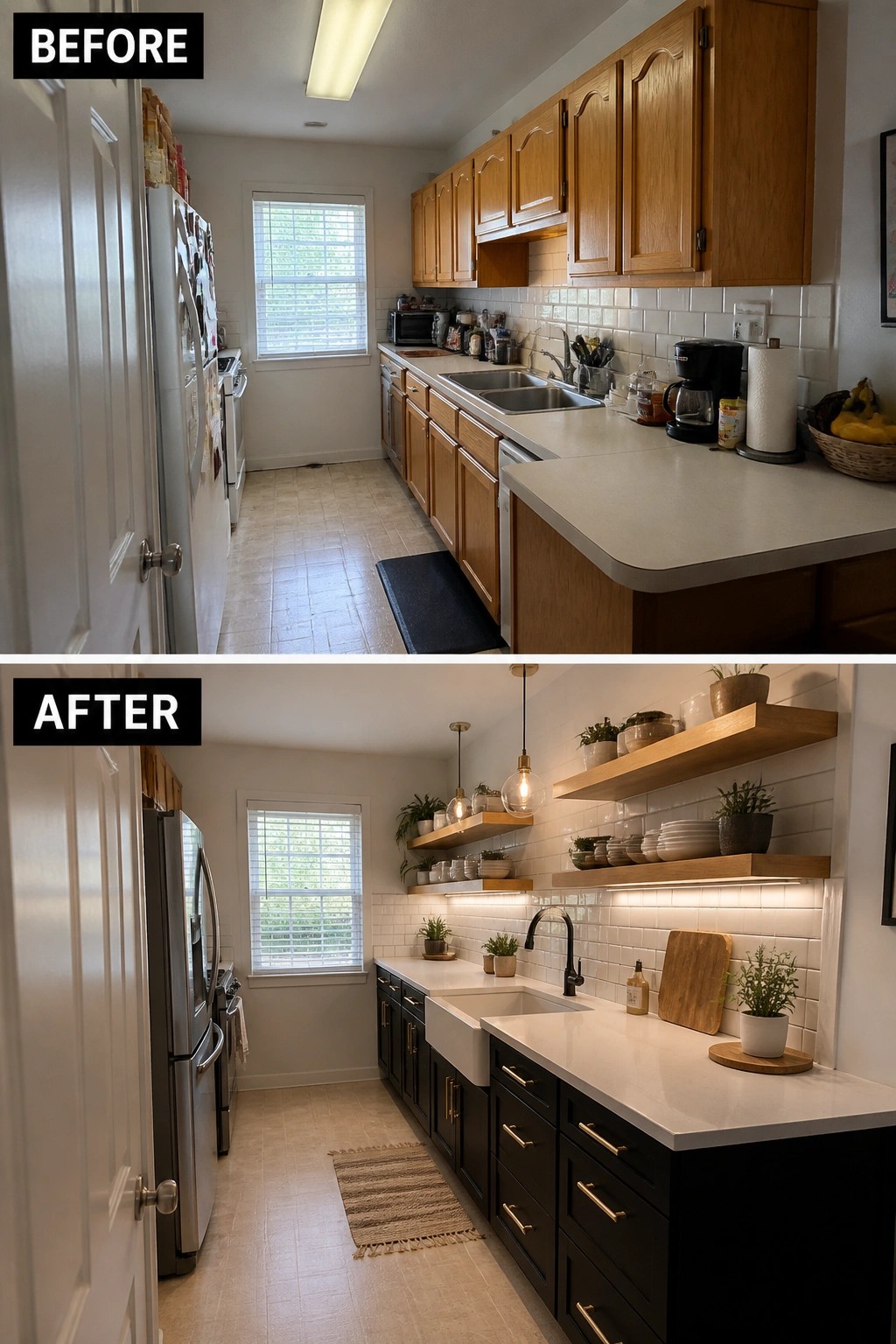 Before and after kitchen remodel showing light wood cabinets replaced by dark modern ones