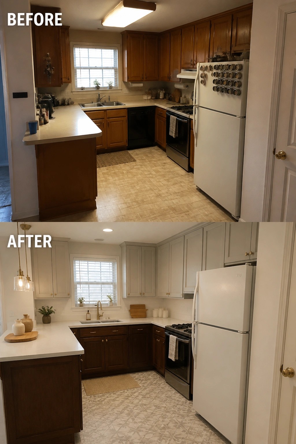 Before-and-after image of a small kitchen with all-dark wood cabinets changed to two-tone cabinets, new patterned flooring, and updated lighting.
