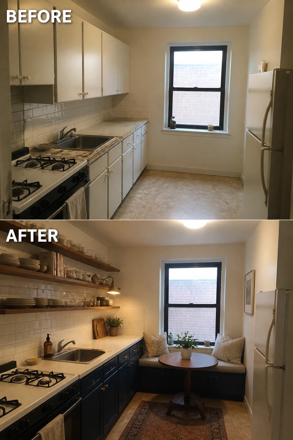 Before and after kitchen remodel with white cabinets updated to dark blue and open shelves.