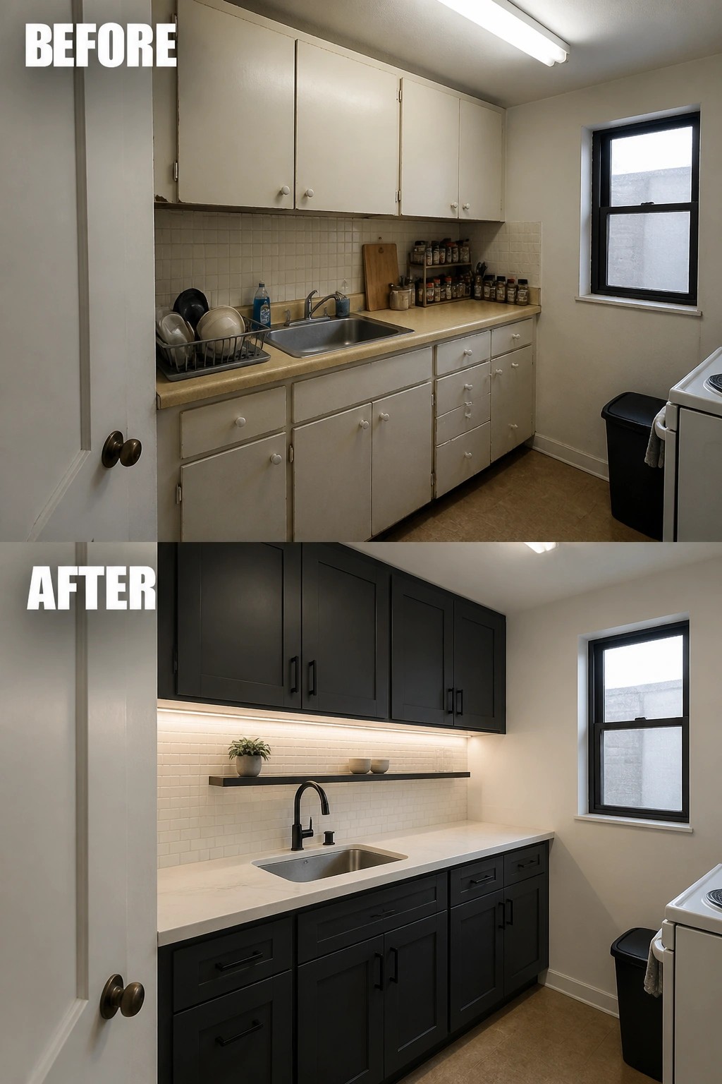 Before-and-after image of a small kitchen with light cabinets updated to dark painted cabinets and a new light countertop.