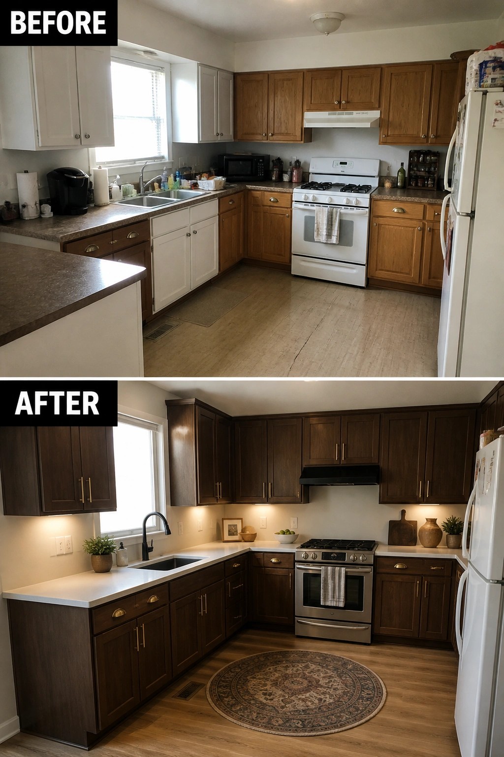 Before-and-after image of a kitchen showing mixed white and oak cabinets replaced with uniform dark wood cabinets, new countertops, and stainless steel appliances.
