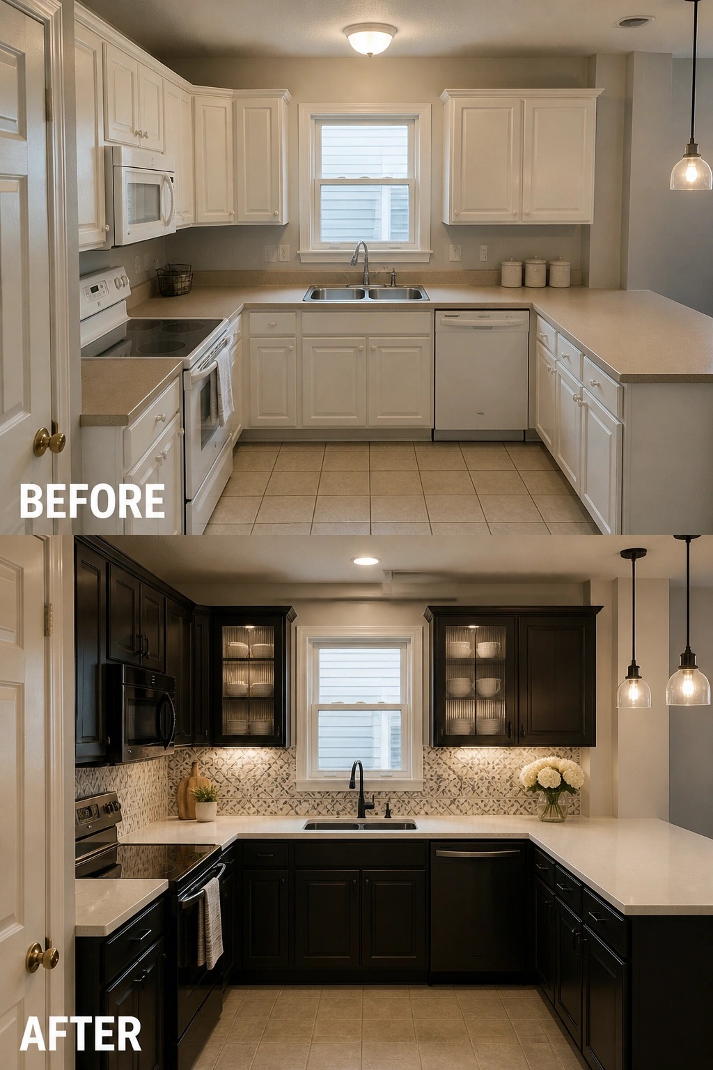 Kitchen before and after: white cabinets replaced with dark ones, new backsplash and lighting.