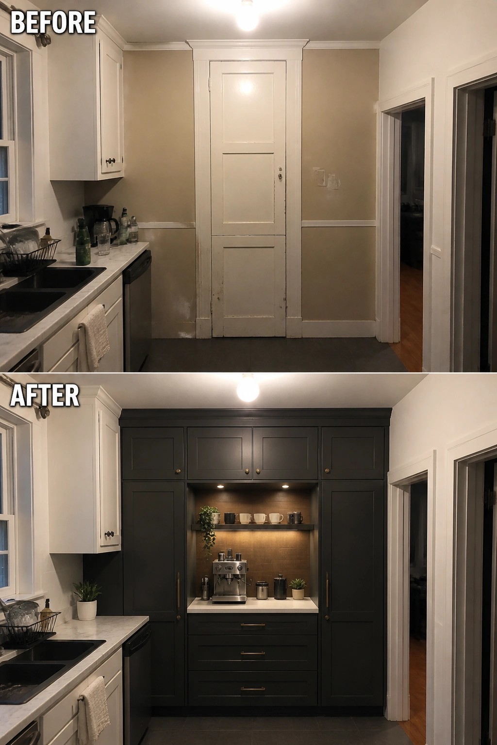 Kitchen before and after with dark gray cabinets and built-in coffee station