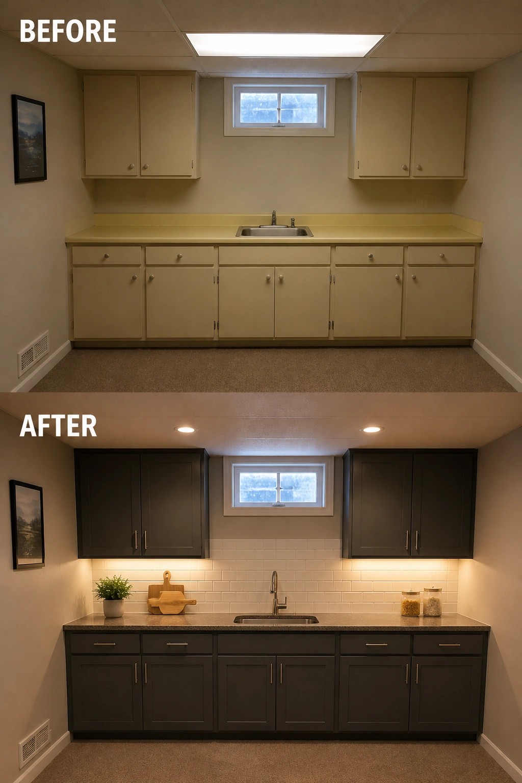 Kitchen before with beige cabinets and after with dark gray cabinets, new countertops, and backsplash