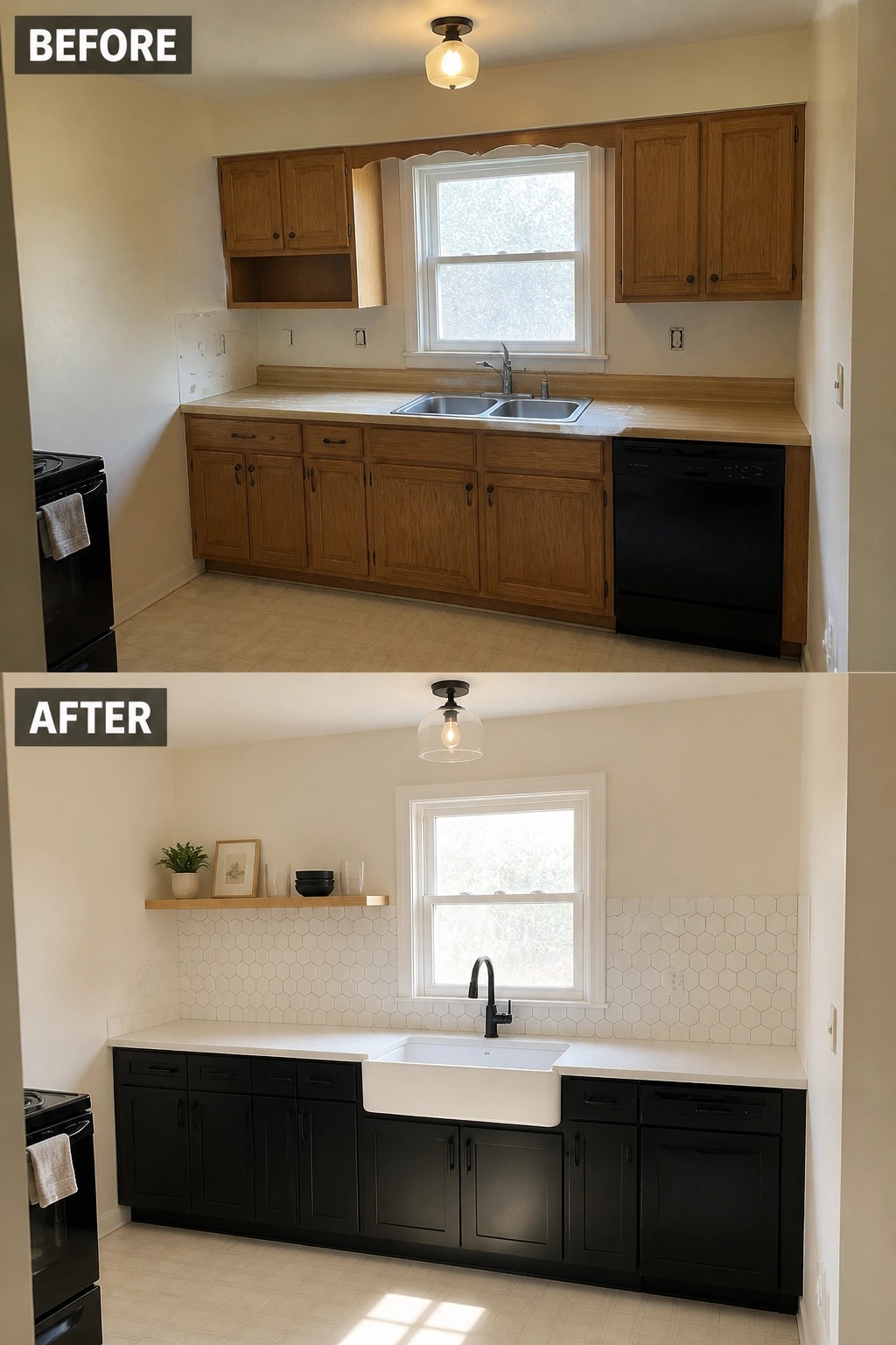 Before and after kitchen remodel from wood cabinets to black with white farmhouse sink