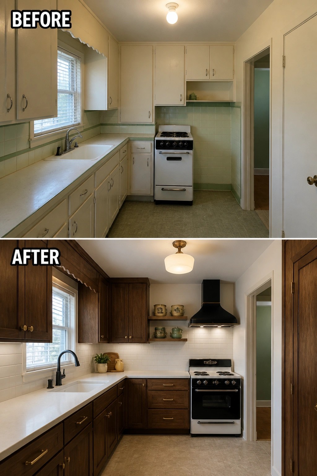 Before-and-after image of a small kitchen updated with dark wood cabinets, new countertops, and a modern stove and range hood.
