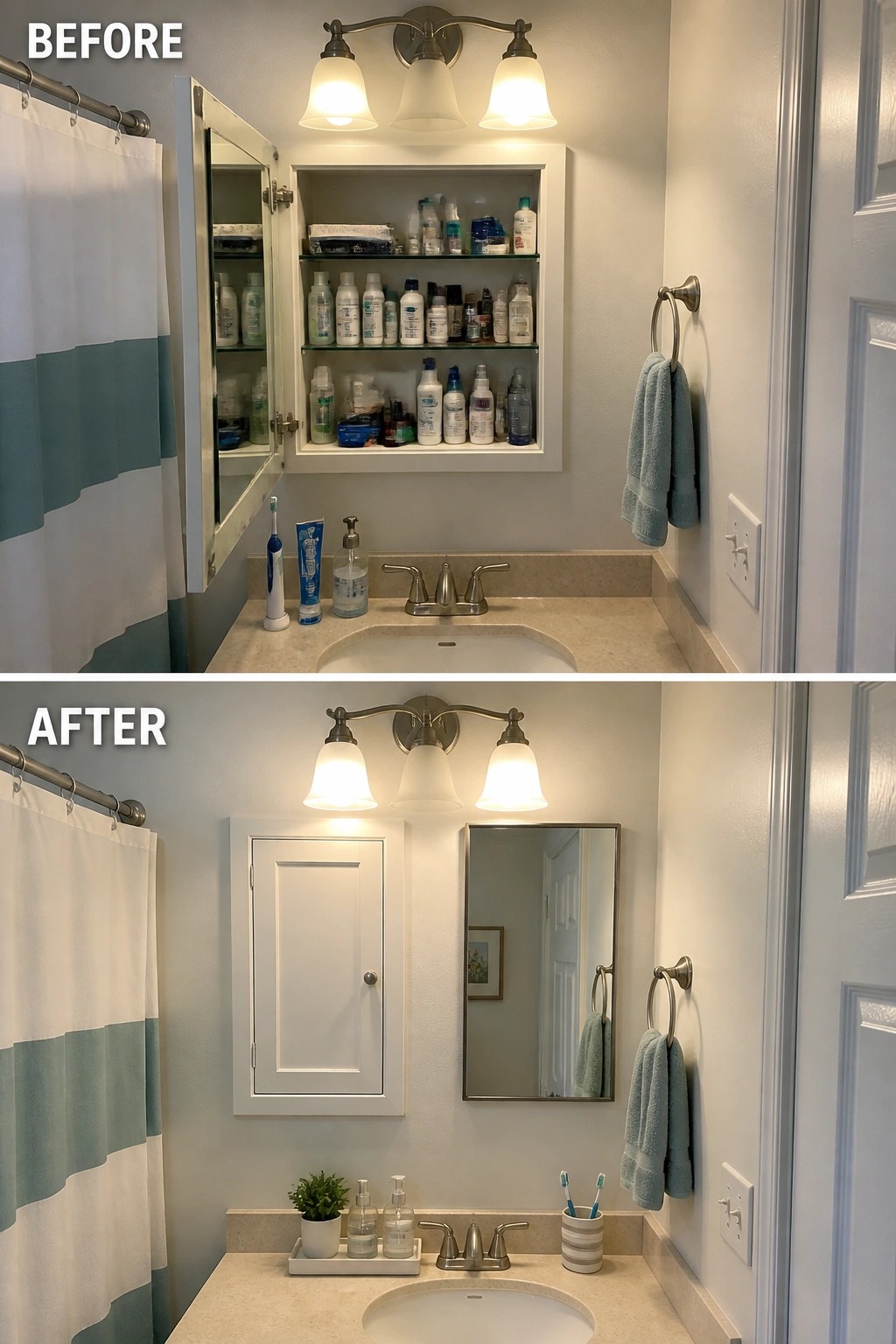 Before and after views of cluttered open medicine cabinet versus neat closed vanity setup