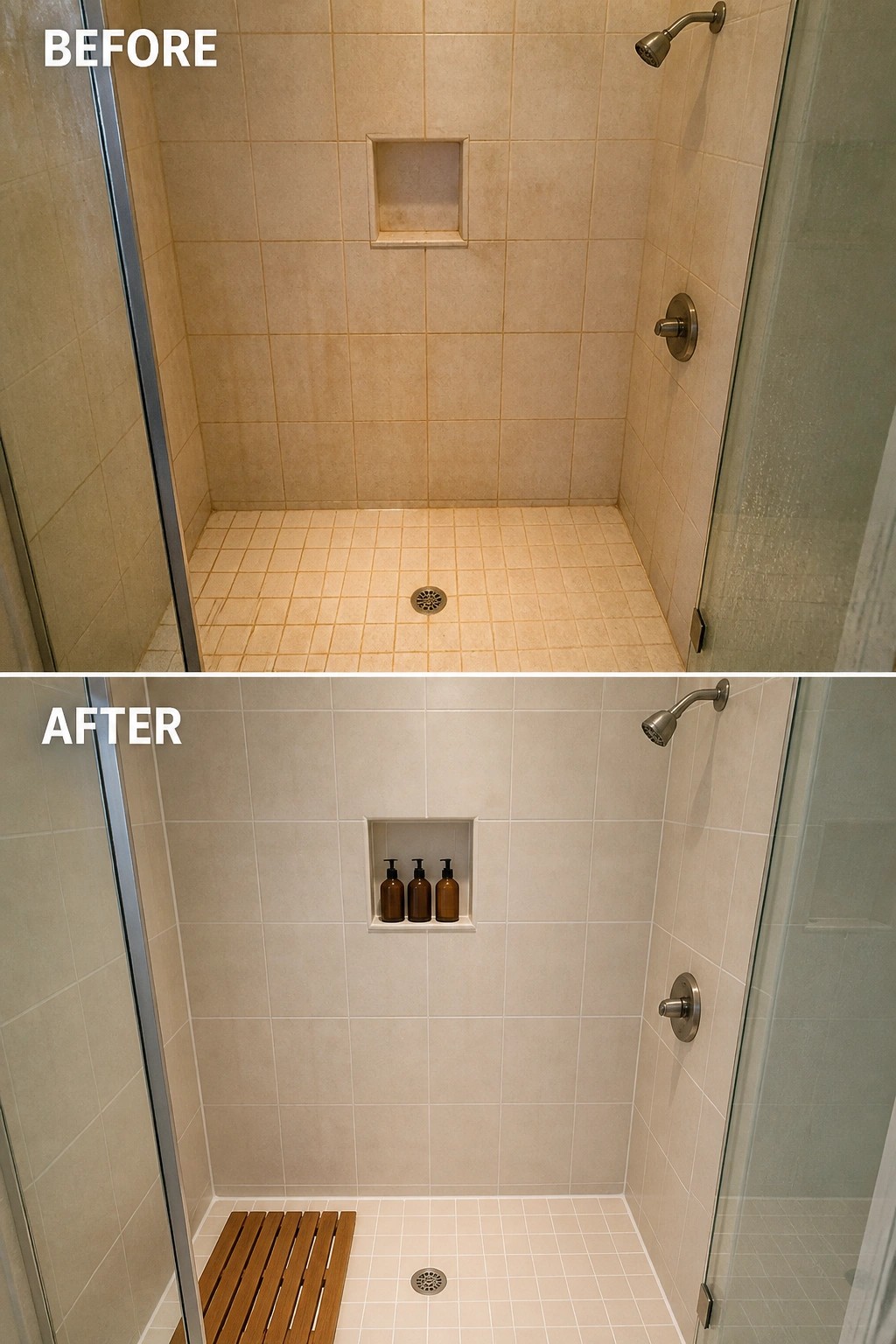 Before-and-after tiled shower with wooden mat added and bottles in niche.