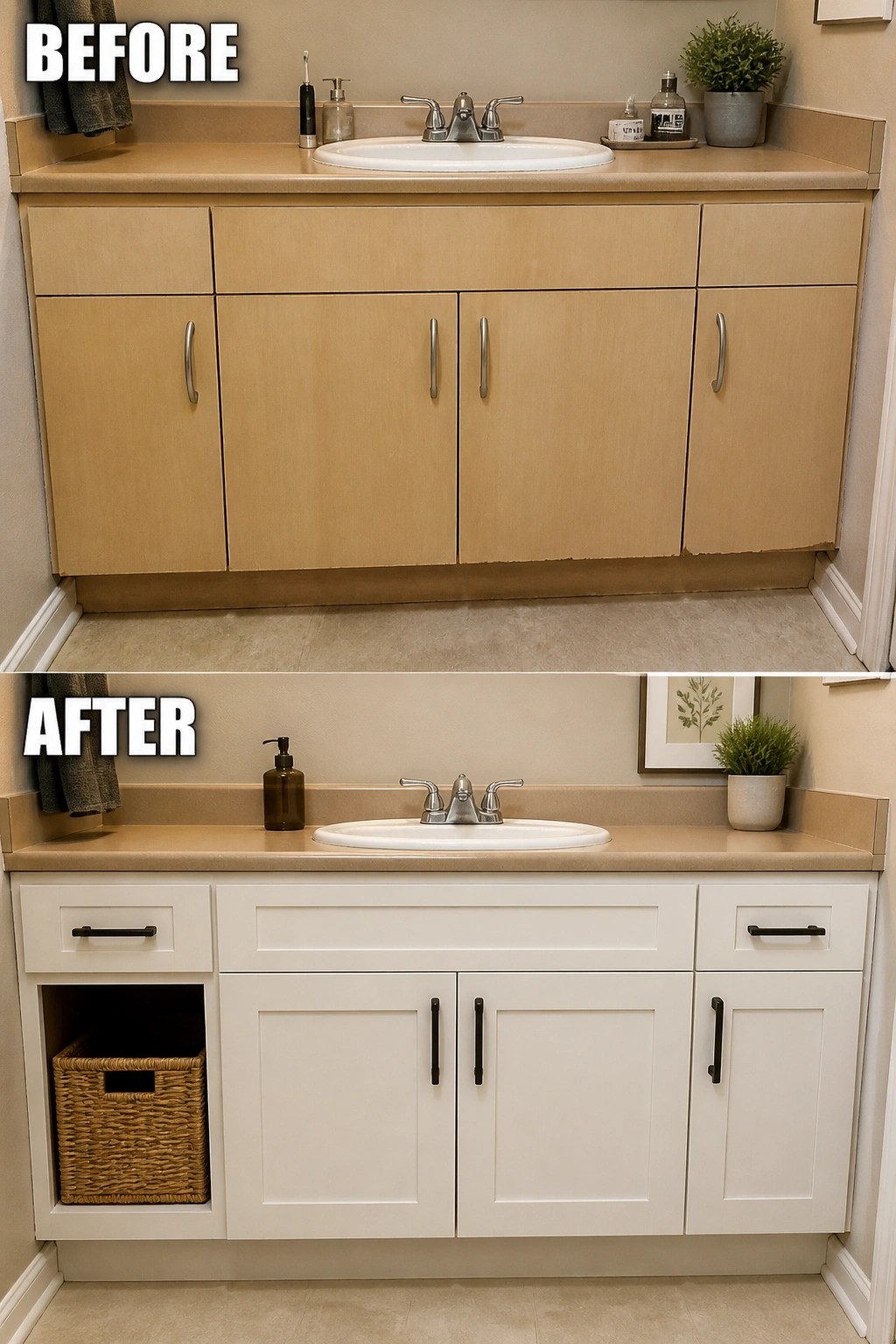 Before-and-after image of a bathroom vanity changed from light wood cabinets to white painted cabinets with black hardware and one open storage area.