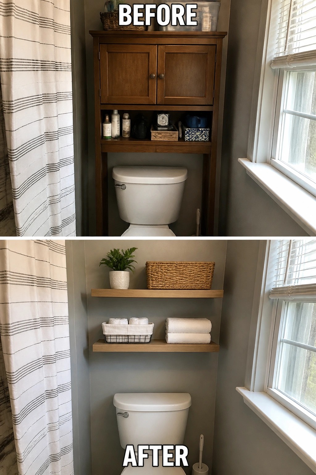 Before-and-after bathroom: dark wood cabinet replaced by light floating shelves above toilet