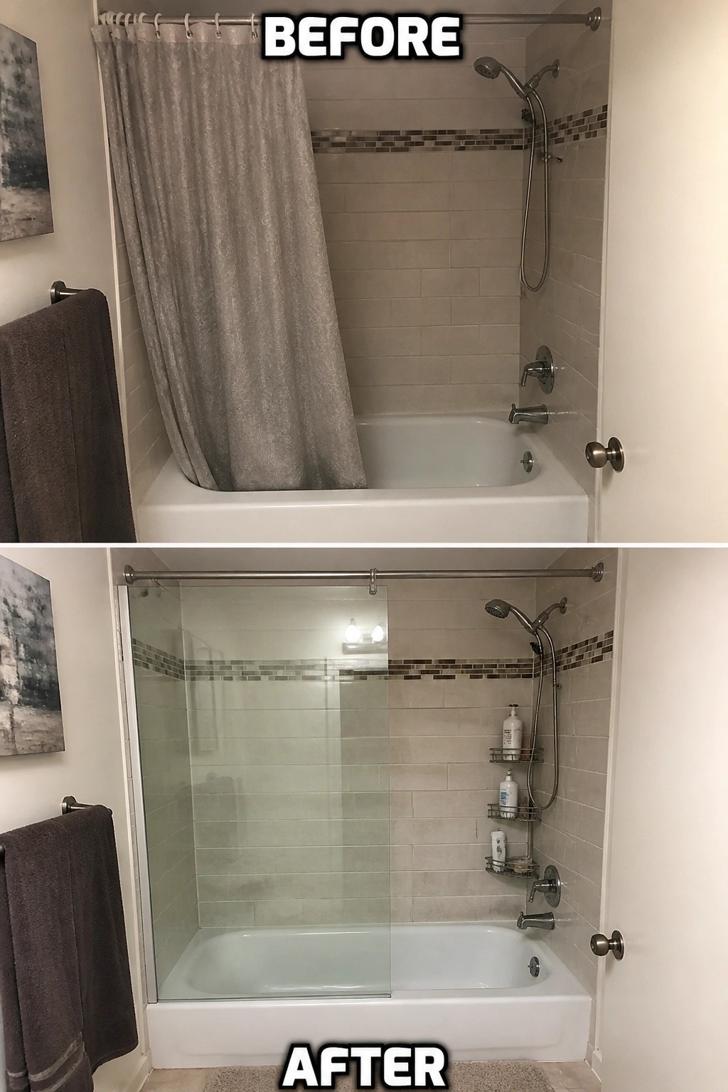 Before and after bathtub with gray shower curtain replaced by glass sliding doors