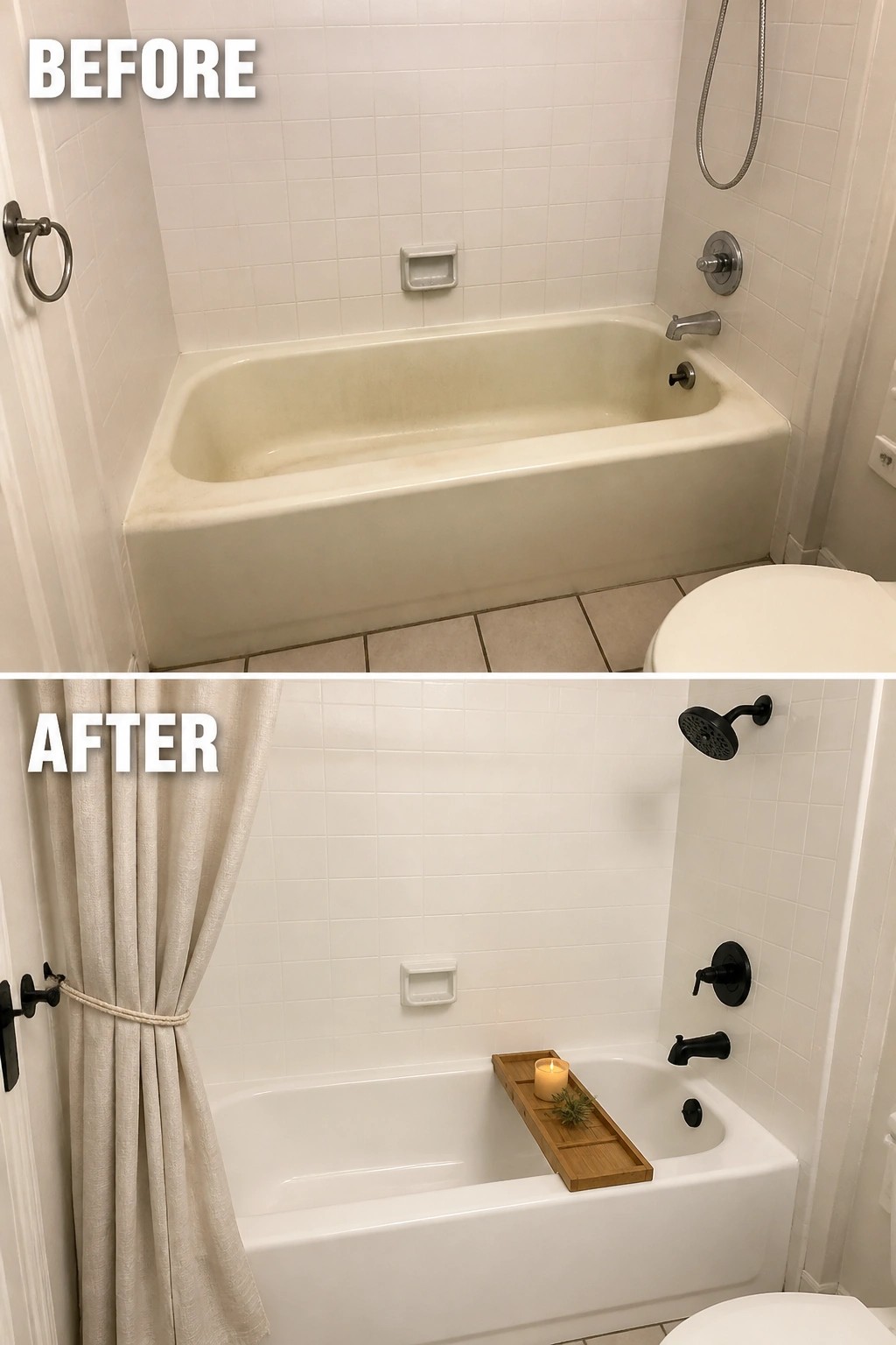 Before and after of beige bathtub remodeled to white with black fixtures and tray.