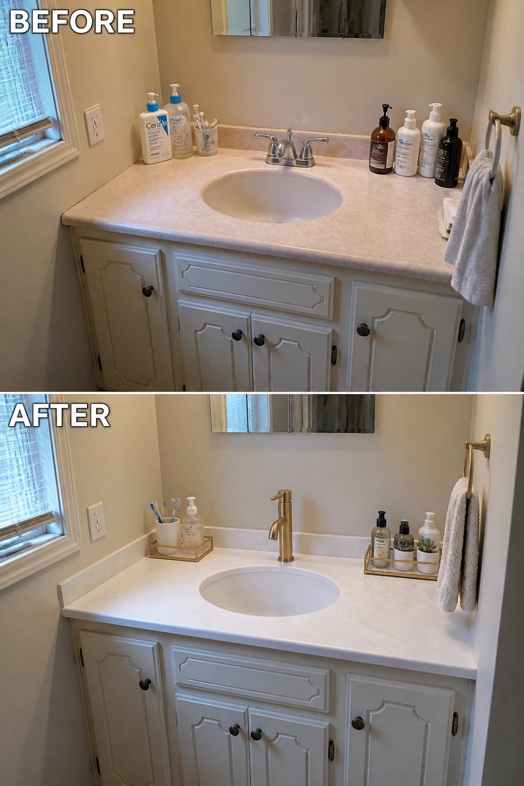 Before-and-after bathroom vanity with cluttered beige counter versus clean white marble and gold faucet.