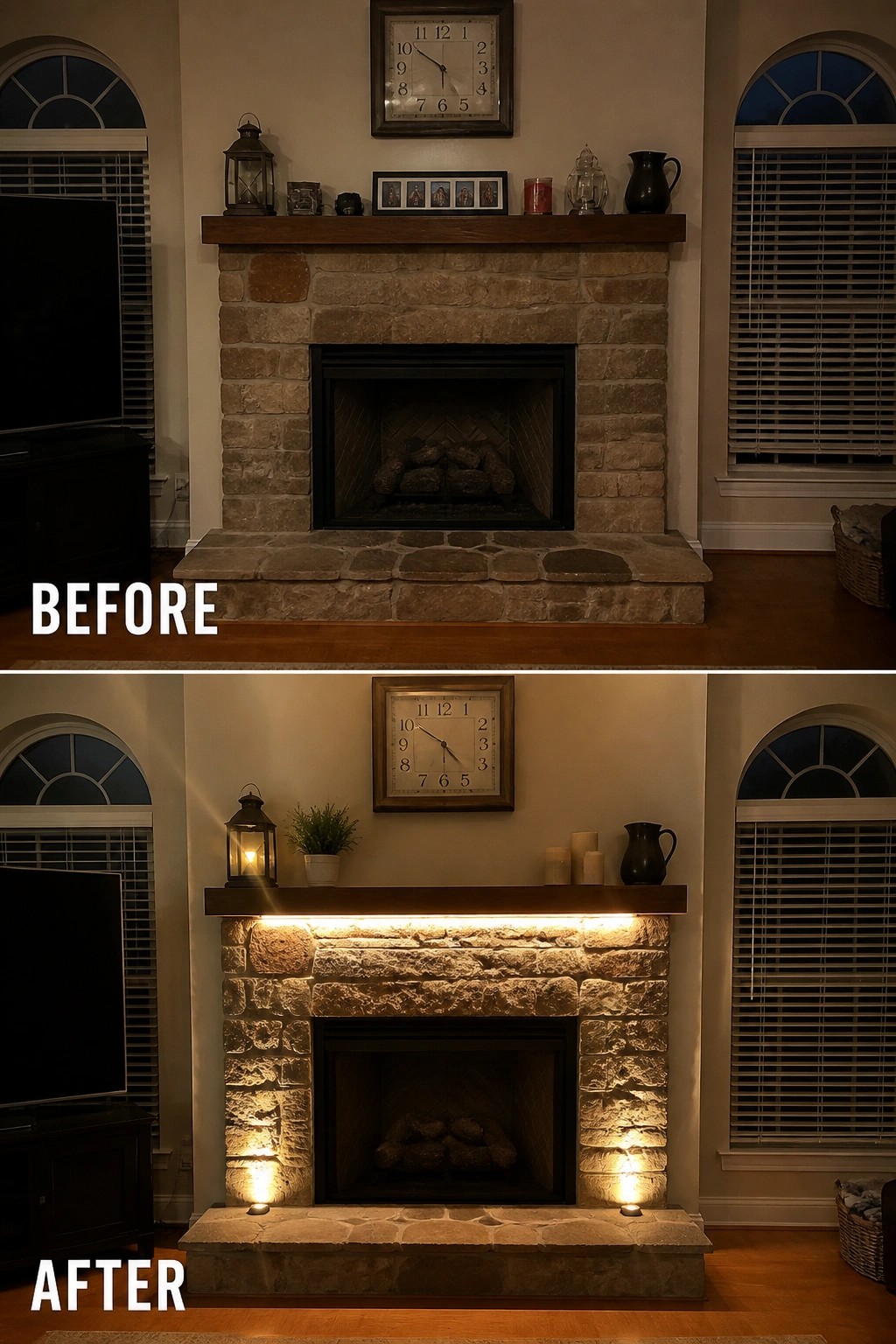 Before and after of stone fireplace with added warm LED accent lights.