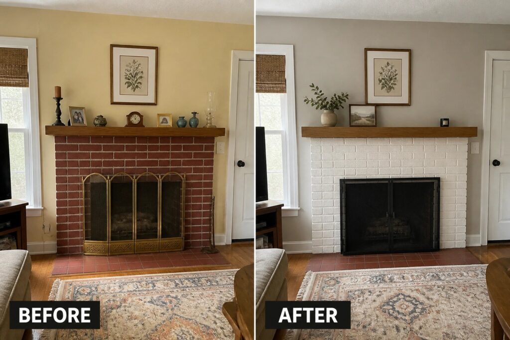 22 Budget Fireplace Remodel Ideas Without Replacing the Firebox Before-and-after image of a red brick fireplace with a dark mantel changed to a white painted brick fireplace with a lighter wood mantel.