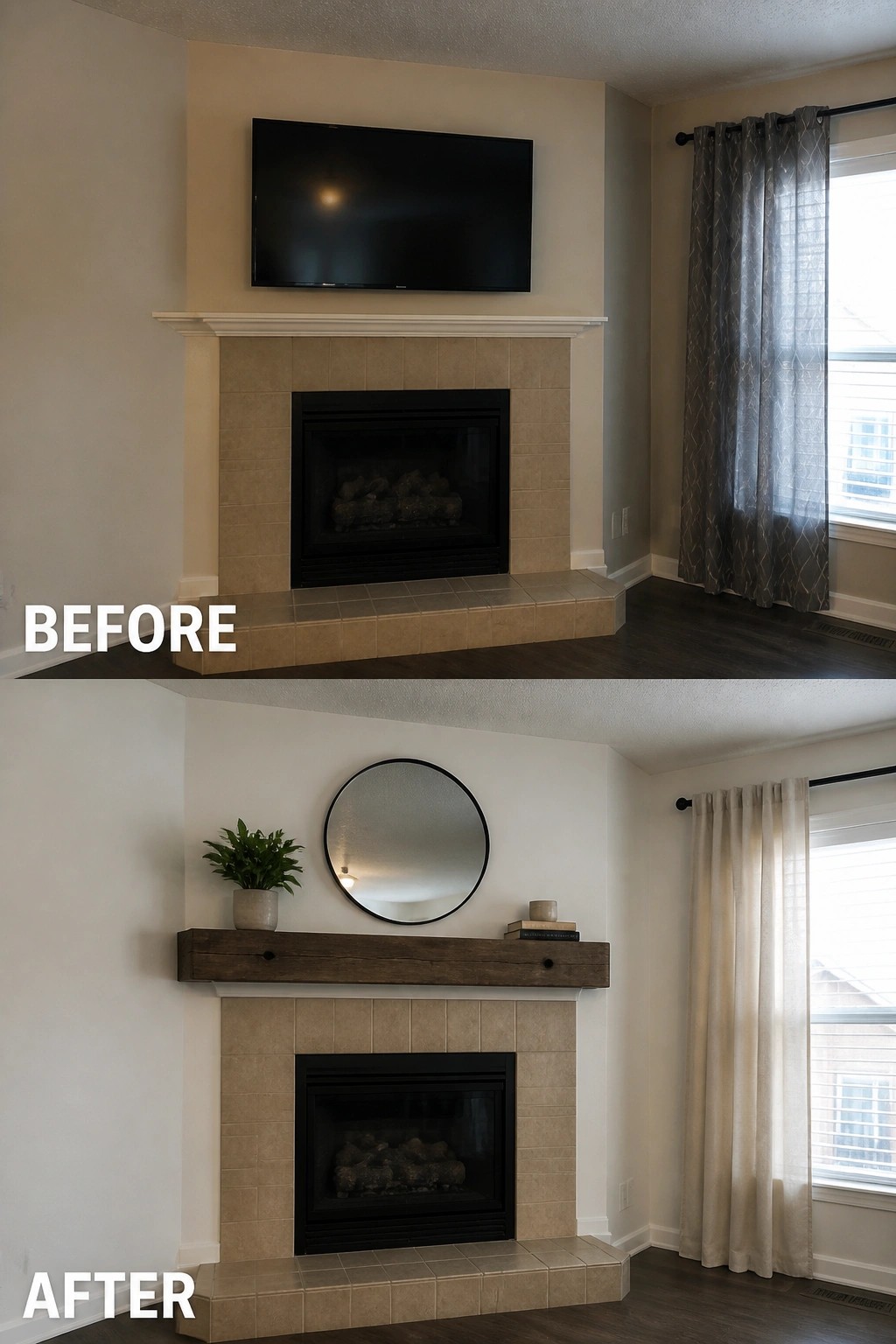 Before-and-after fireplace remodel: TV removed, added round mirror, wooden mantel, and decor.