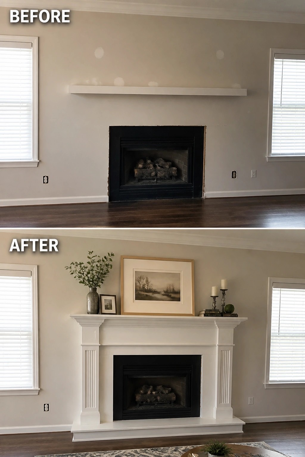 Before and after of fireplace with new white mantel and decor.