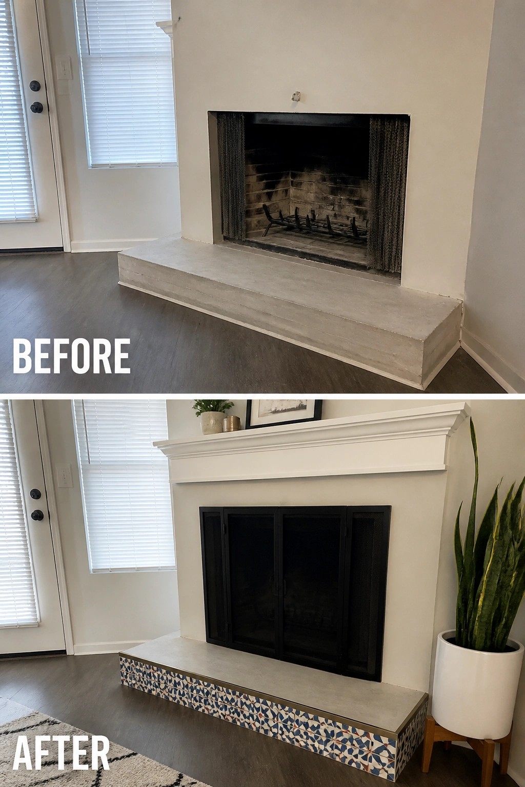 Before and after of fireplace with white mantel and patterned tile hearth.