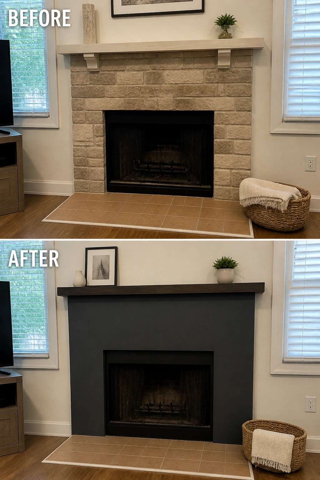 Before-and-after image of a stone fireplace with light mantel updated to a dark painted surround and dark mantel.