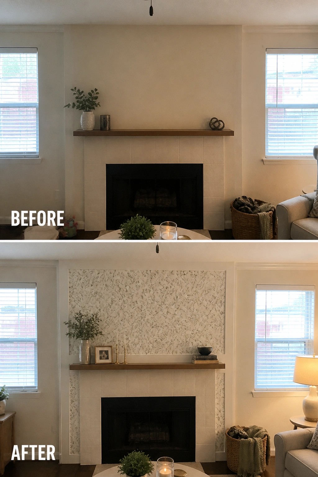 Before and after living room fireplace with marble accent wall and updated mantel decor.