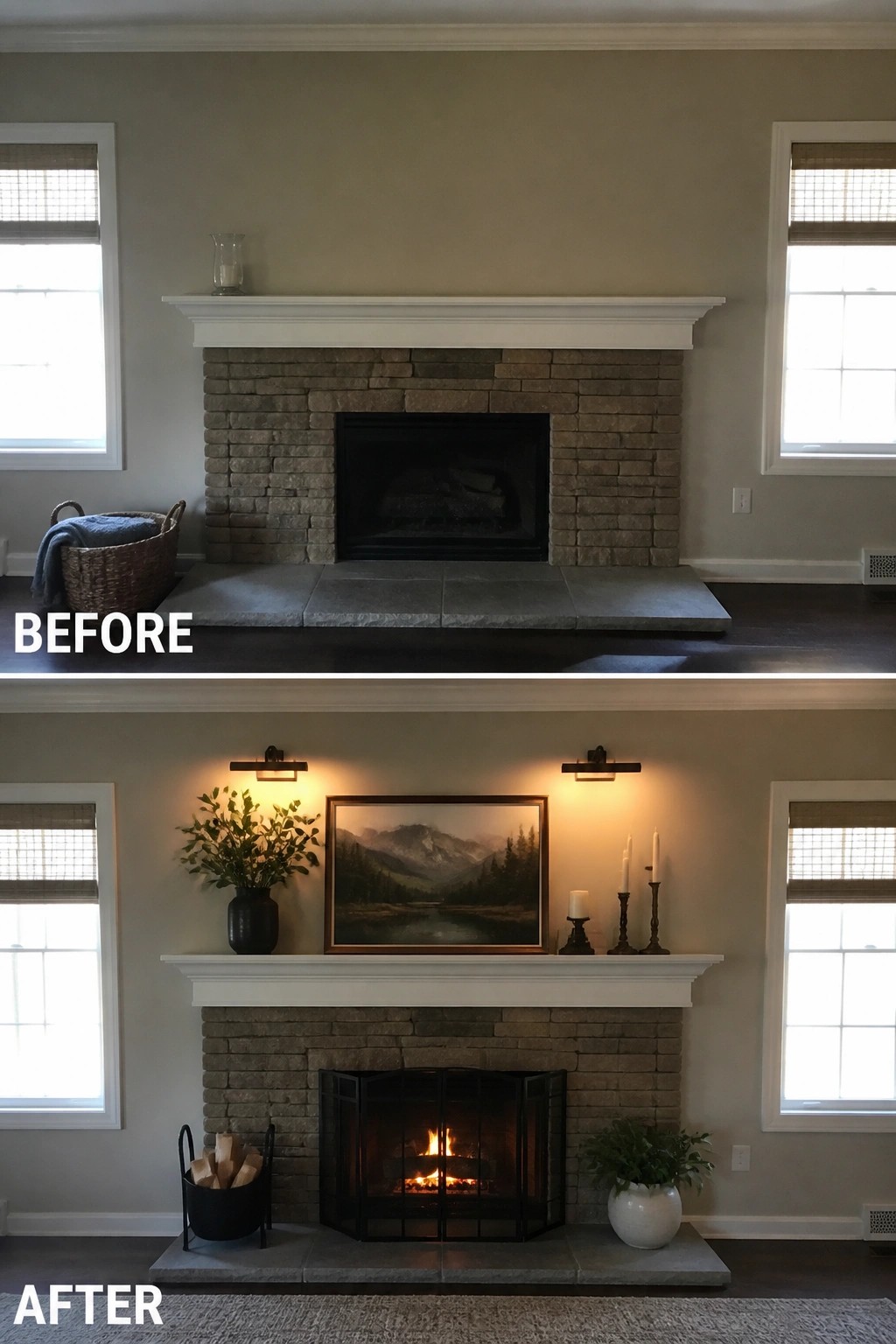 Before-and-after image of a stone fireplace updated with wall sconces, artwork on the mantel, candles, plants, and a fire screen.